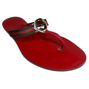Gucci GG Web Stripe Thong Sandals EU 37.5 US 7.5 Red Flip Flop Slide Flat Heel